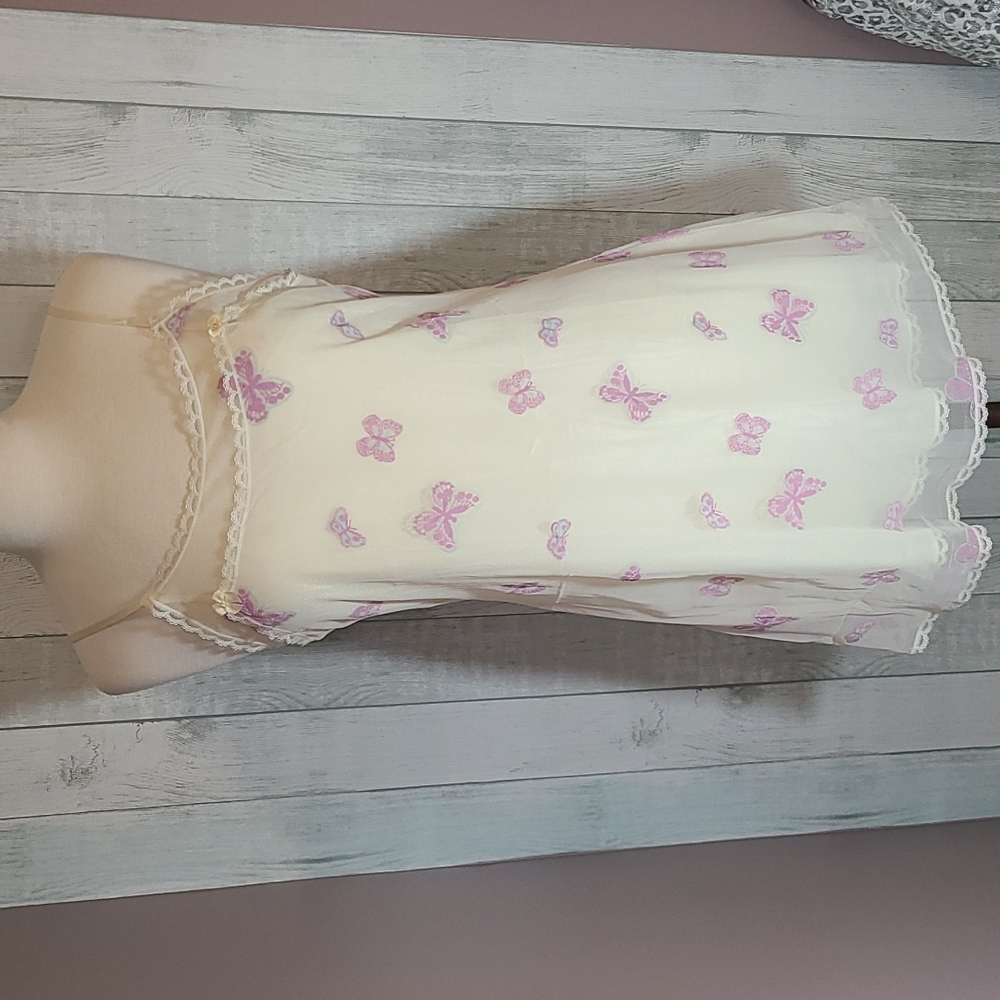 Ivory Butterfly Chemise with Lace Trim & Adjustable Spaghetti Straps